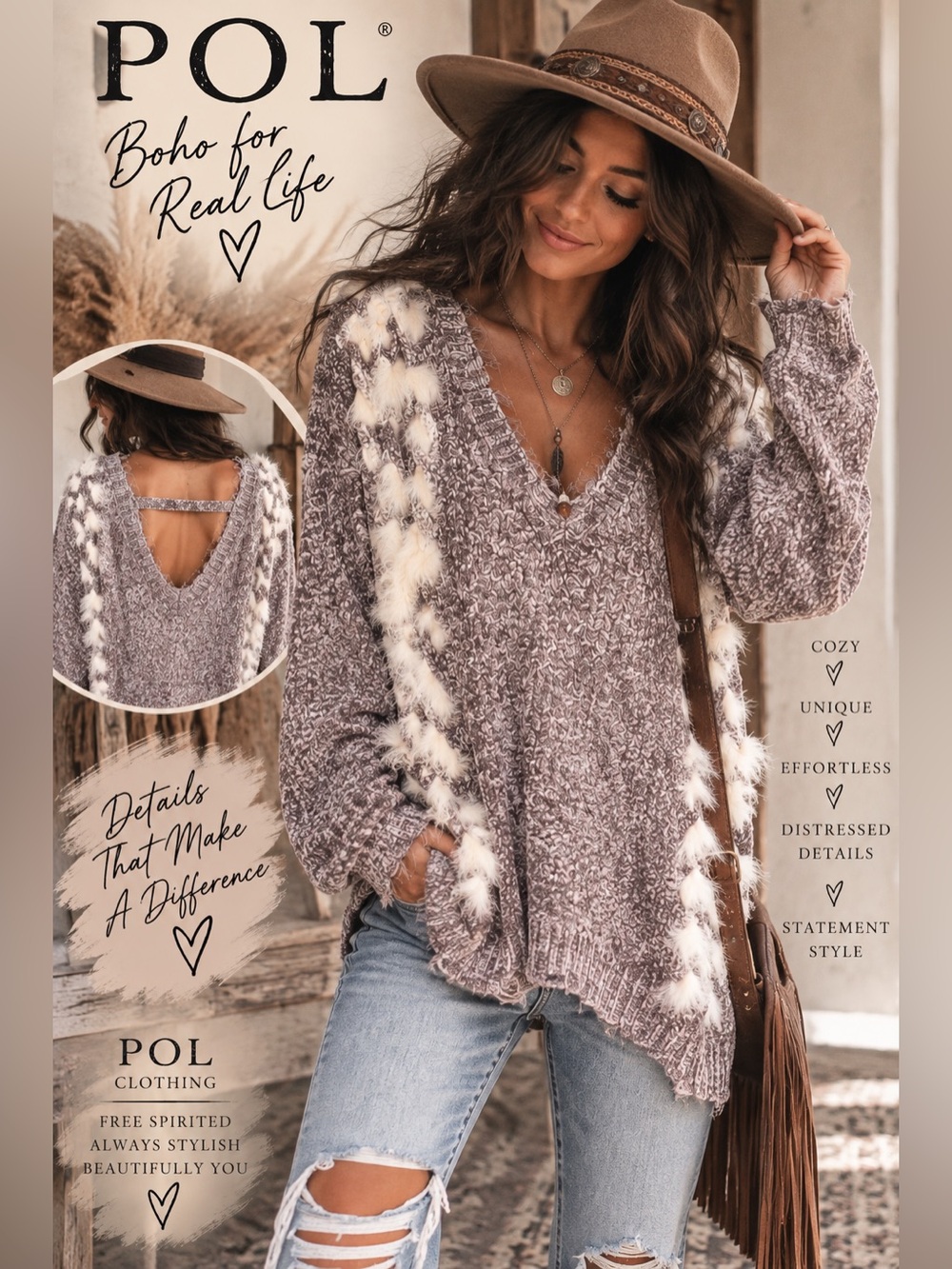 POL Boho Distressed Fuzzy Accent Oversized Sweater Medium NWOT